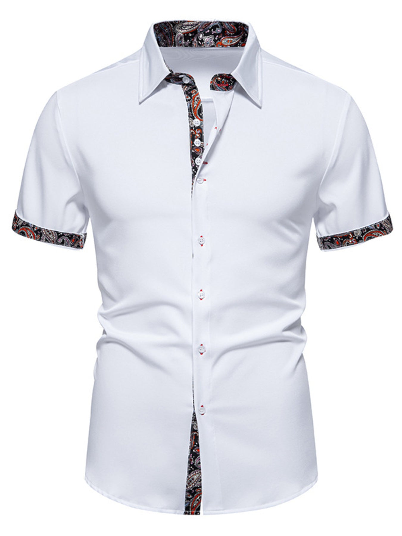 White short-sleeve shirt with patterned trim on a white background