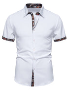 White short-sleeve shirt with patterned trim on a white background