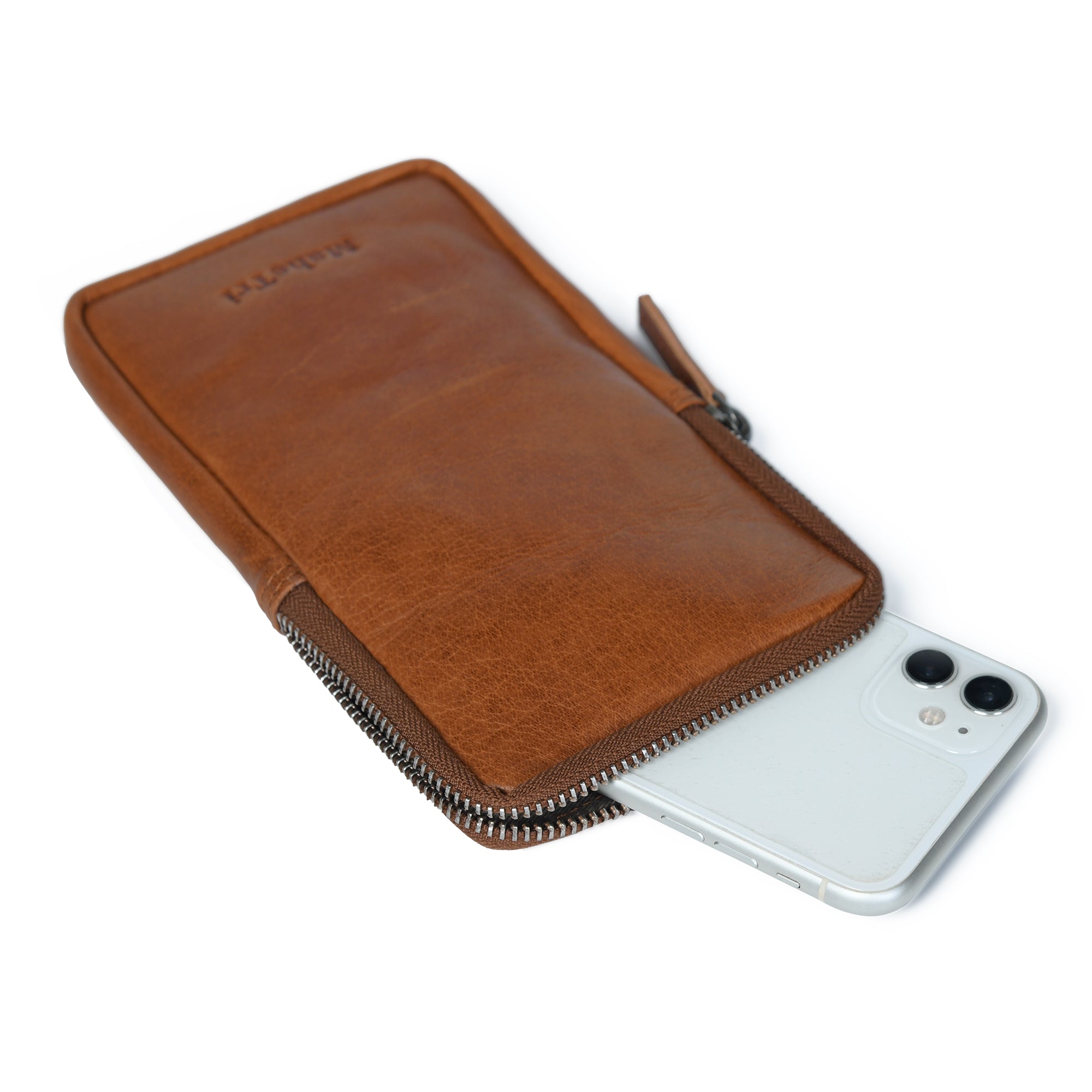 Brown leather wallet with a zipper and a smartphone inside on a white background