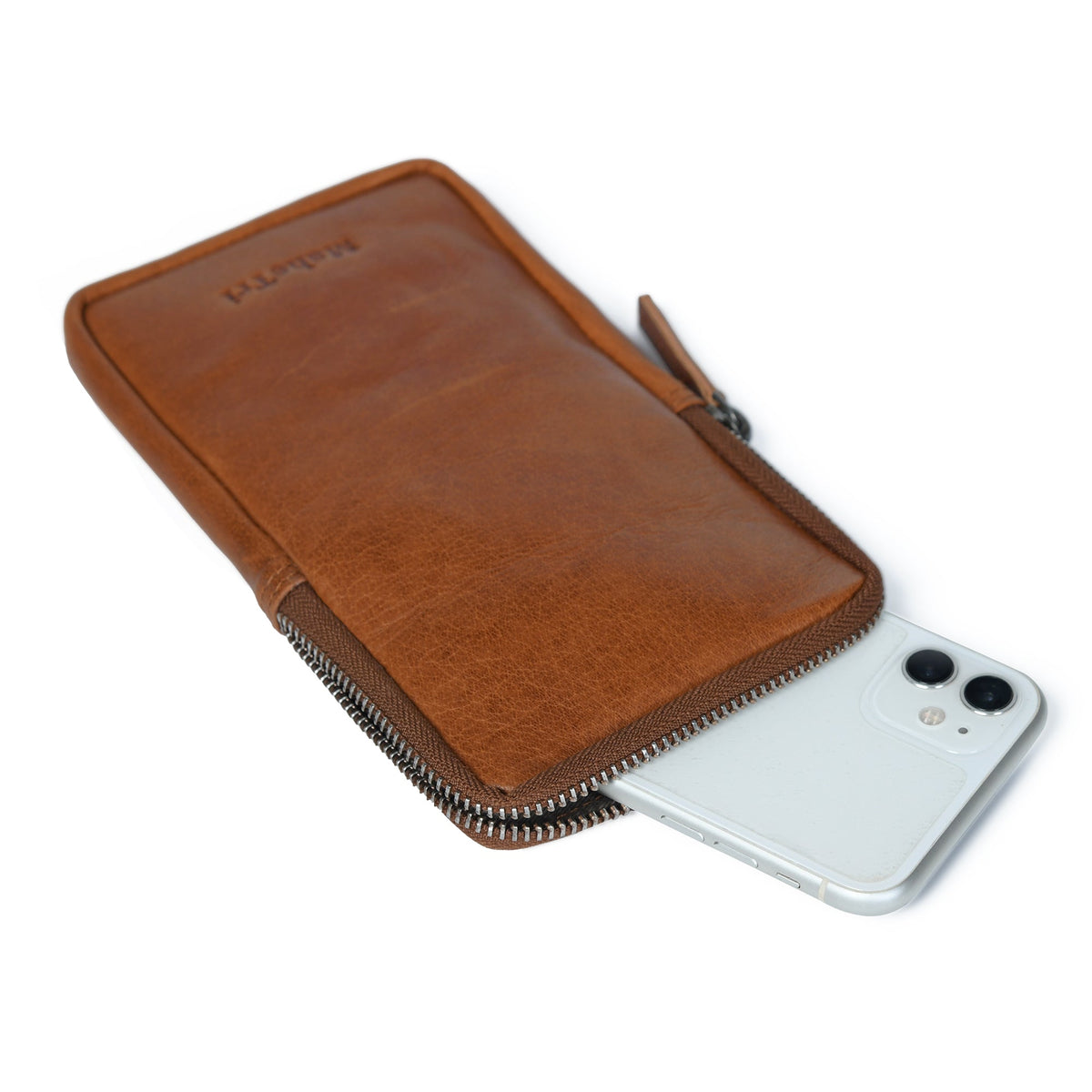 Brown leather wallet with a zipper and a smartphone inside on a white background