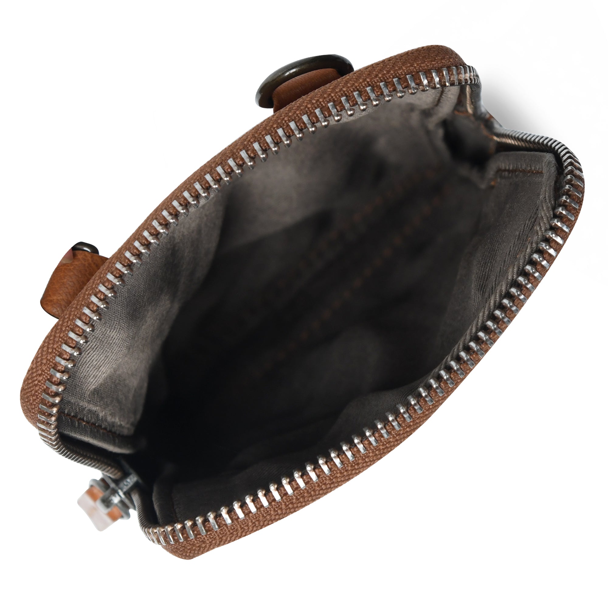 Brown leather pouch with zipper on a white background