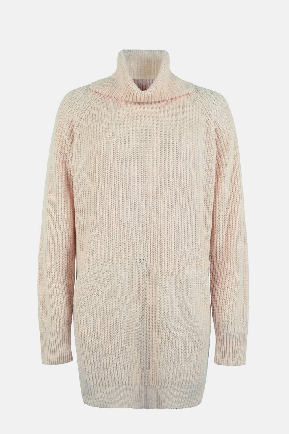 Beige turtleneck sweater dress with pockets and long sleeves.