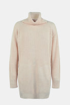 Beige turtleneck sweater dress with pockets and long sleeves.