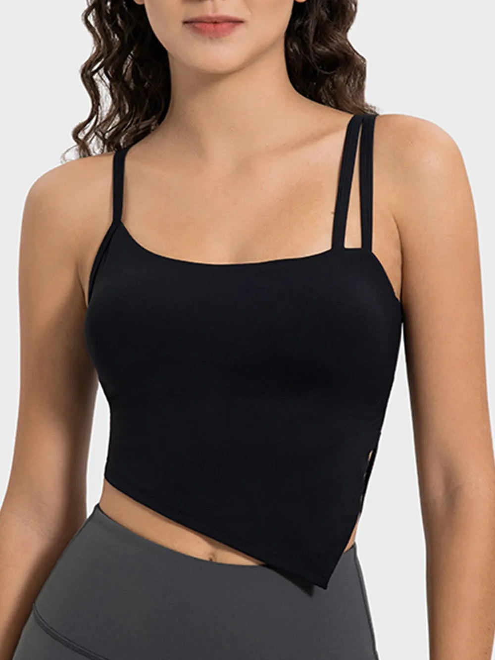Millennia Asymmetrical Slit Active Black Cami - Built-in Padding