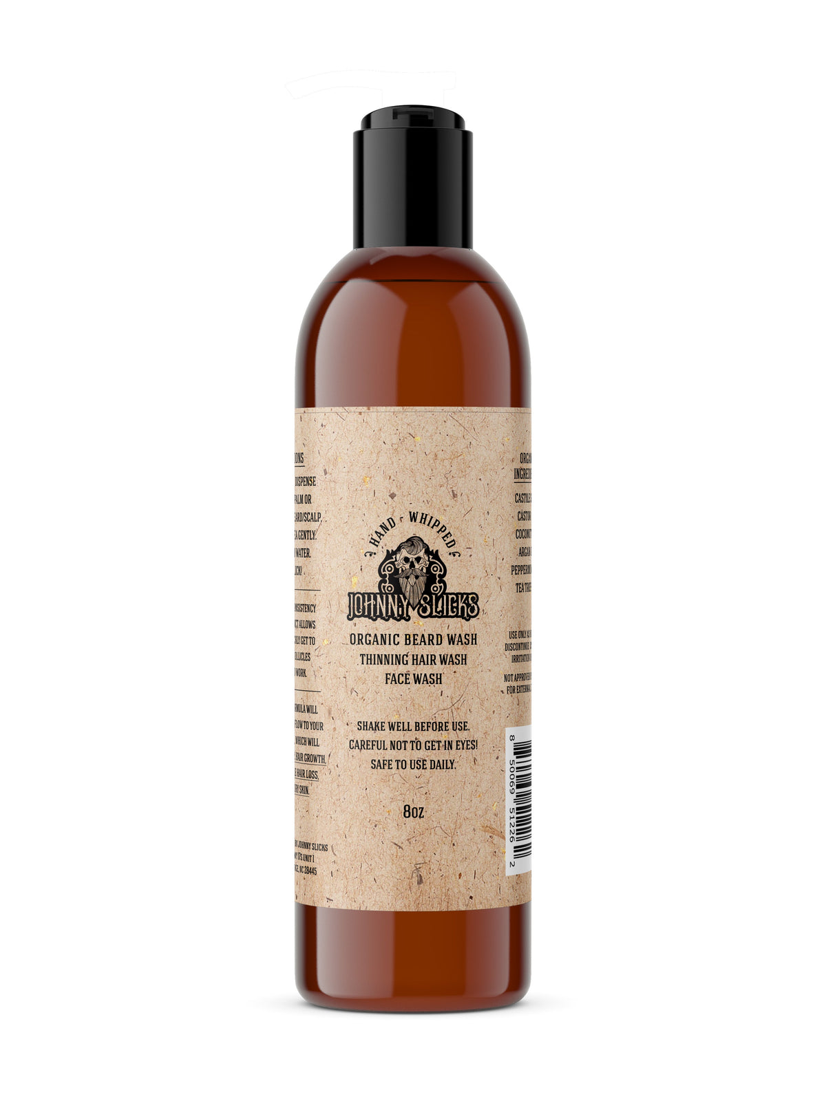Johnny Slicks Organic Beard Wash in an 8 oz amber bottle with a black cap.