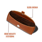 Brown leather pouch with 'Sleek Design' and 'High Quality Stitching' text on a white background