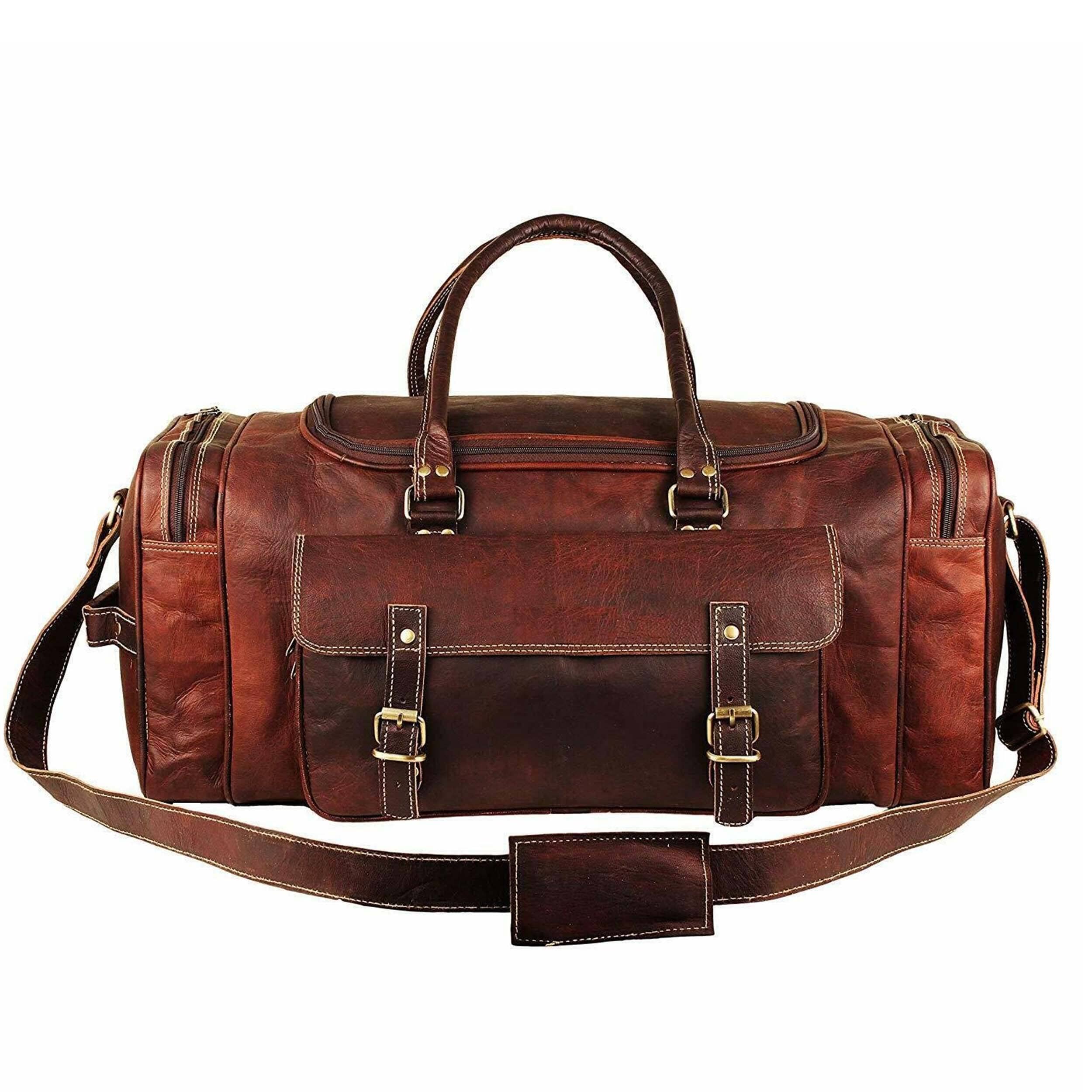 Heritage Weekender leather duffle bag in vintage brown, handcrafted full-grain goat leather travel bag.