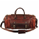 Heritage Weekender leather duffle bag in vintage brown, handcrafted full-grain goat leather travel bag.