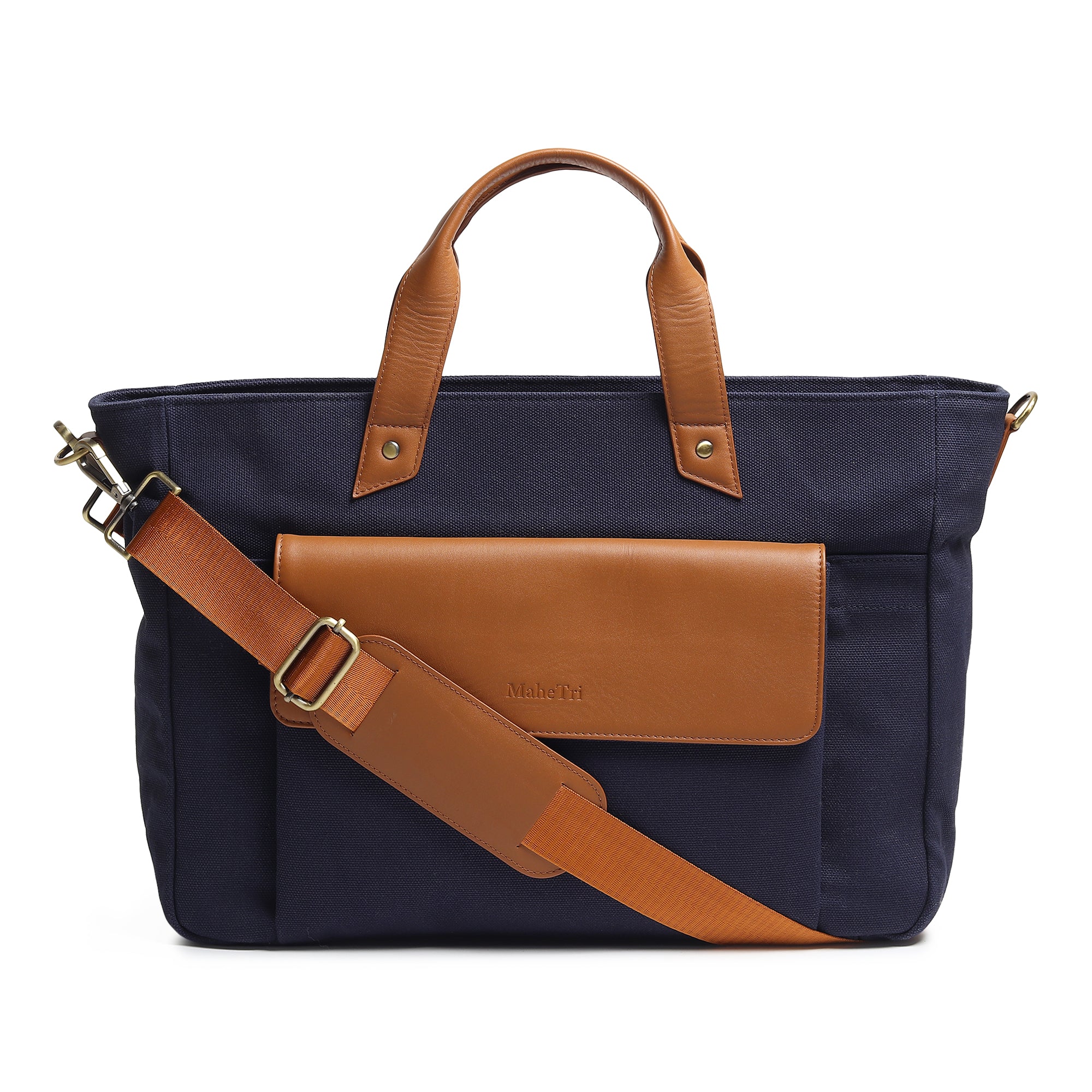 Navy blue bag with brown leather straps on a white background