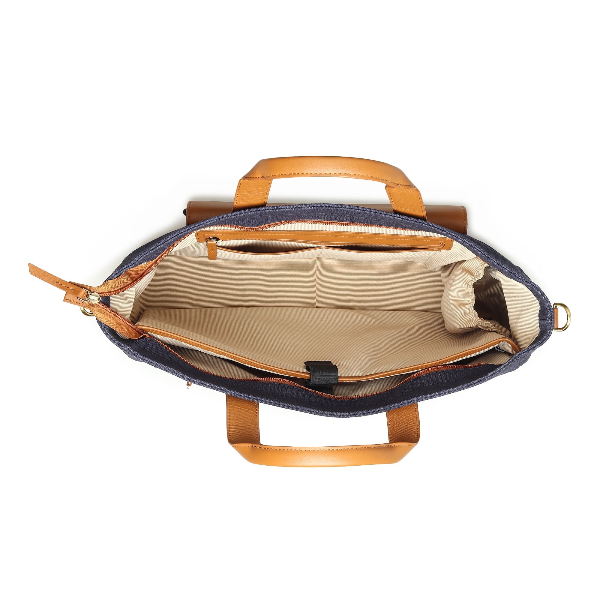 Open handbag with brown leather interior and handles on a white background