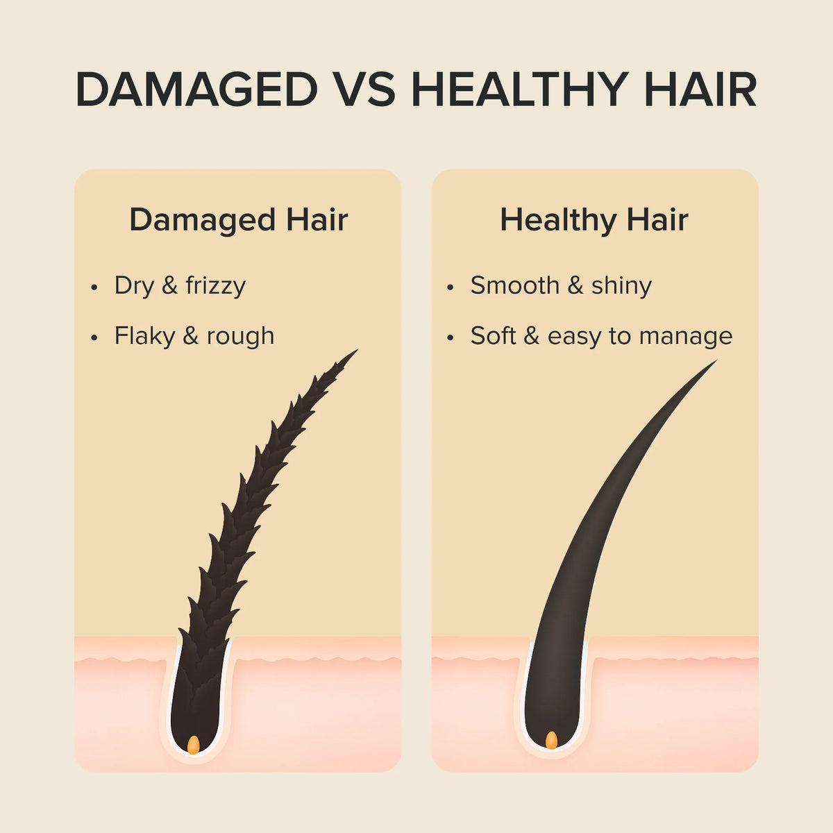 Illustration comparing a rough, damaged hair strand with a smooth, healthy-looking strand.