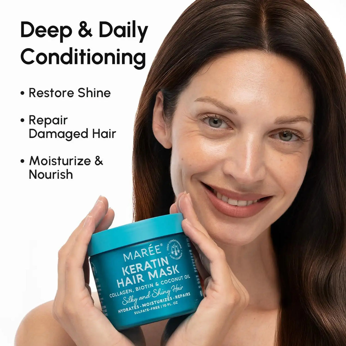 Woman holding a turquoise MAREE Keratin Hair Mask jar beside deep-conditioning benefit text.