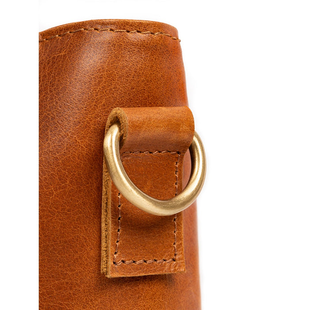 Close-up of a brown leather bag with a gold ring handle on a white background