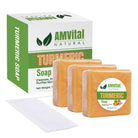 AMVital turmeric soap three-pack with green-and-white packaging and a white mesh pouch