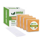 AMVital turmeric soap four-pack with green-and-white packaging and a white mesh pouch.
