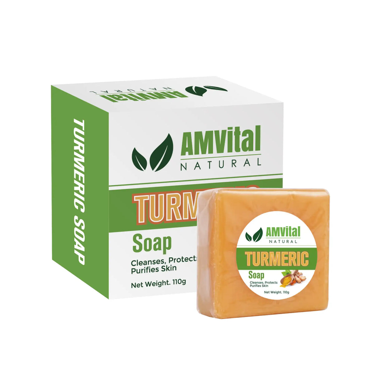 AMVital turmeric soap four-pack with green-and-white packaging and a white mesh pouch.