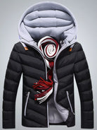 Black puffer jacket with a gray hood and red scarf on a light gray background