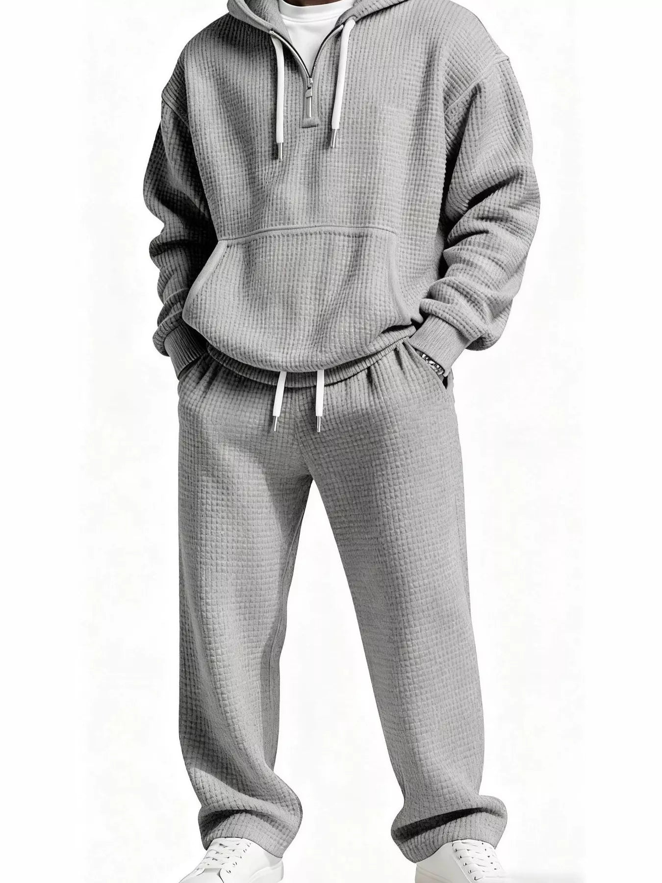 Classic gray men's relaxed fit textured waffle knit pullover hoodie and matching casual
