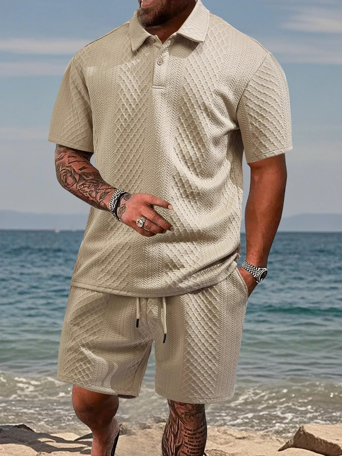 Men's luxury two-piece travel lounge set in a classic khaki tan textured dimensional knit.
