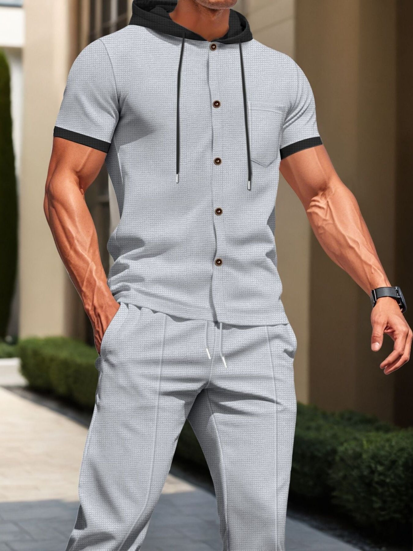 A man wearing a light gray two-piece tracksuit with a short-sleeve button-front hoodie top and matching jogger pants, photographed outdoors in front of a building.