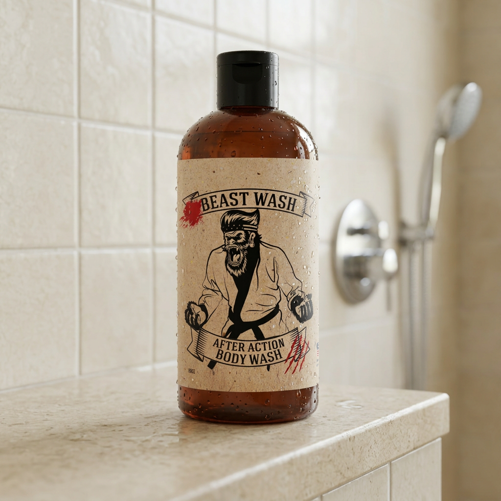 After Action Body Wash amber bottle with water droplets on a light stone shower shelf.