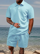 Premium matching men's summer polo shirt and lounge shorts co-ord set in light coastal blue.
