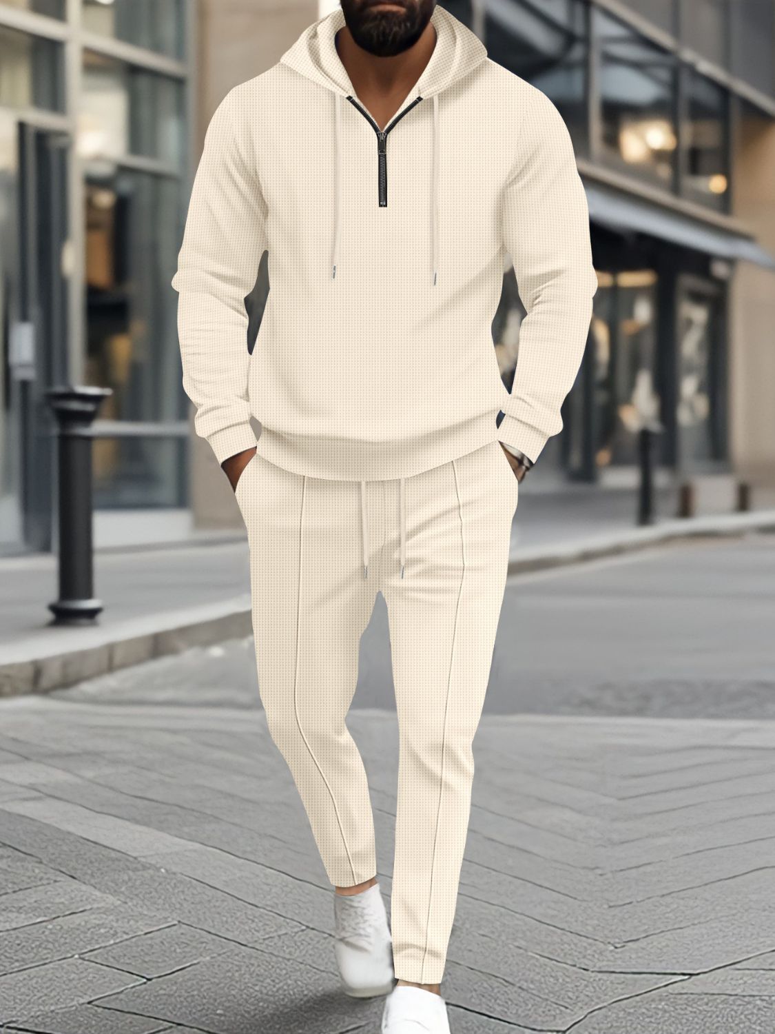 Elevate your workout with our Men's Full Size Waffle-Knit Half Zipper Hoodie and Pants Set. Made in sizes S-3XL, this set is perfect for jogging, hitting the gym, or as activewear. The waffle-knit material provides both comfort and style, while the half zipper adds versatility. Available in white, blue, black, gray, and beige. Passionately crafted for the active man.