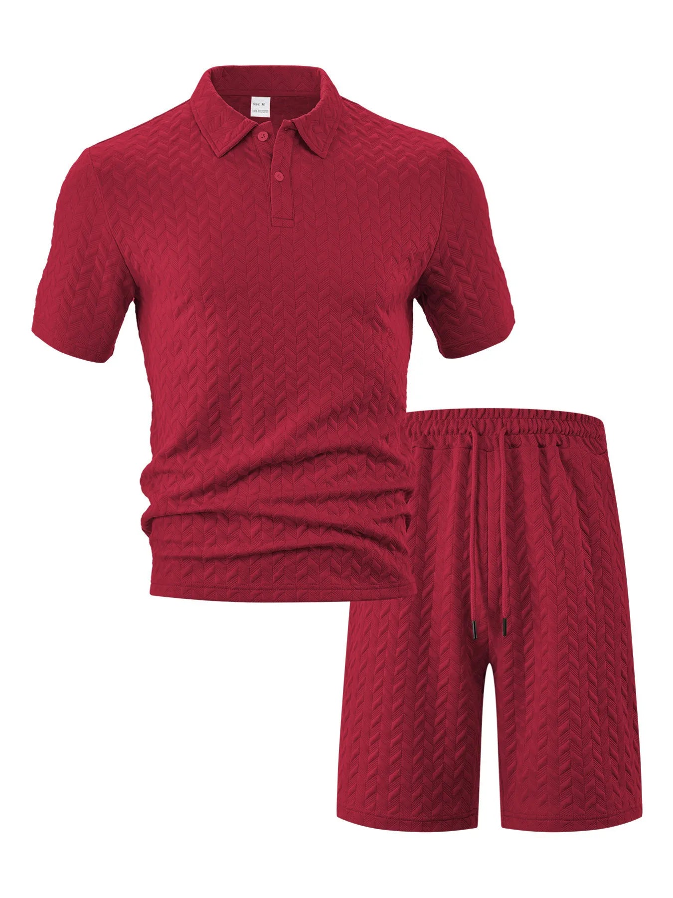 Bold red textured dimensional knit matching men's polo shirt and comfort lounge shorts set.