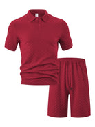 Bold red textured dimensional knit matching men's polo shirt and comfort lounge shorts set.