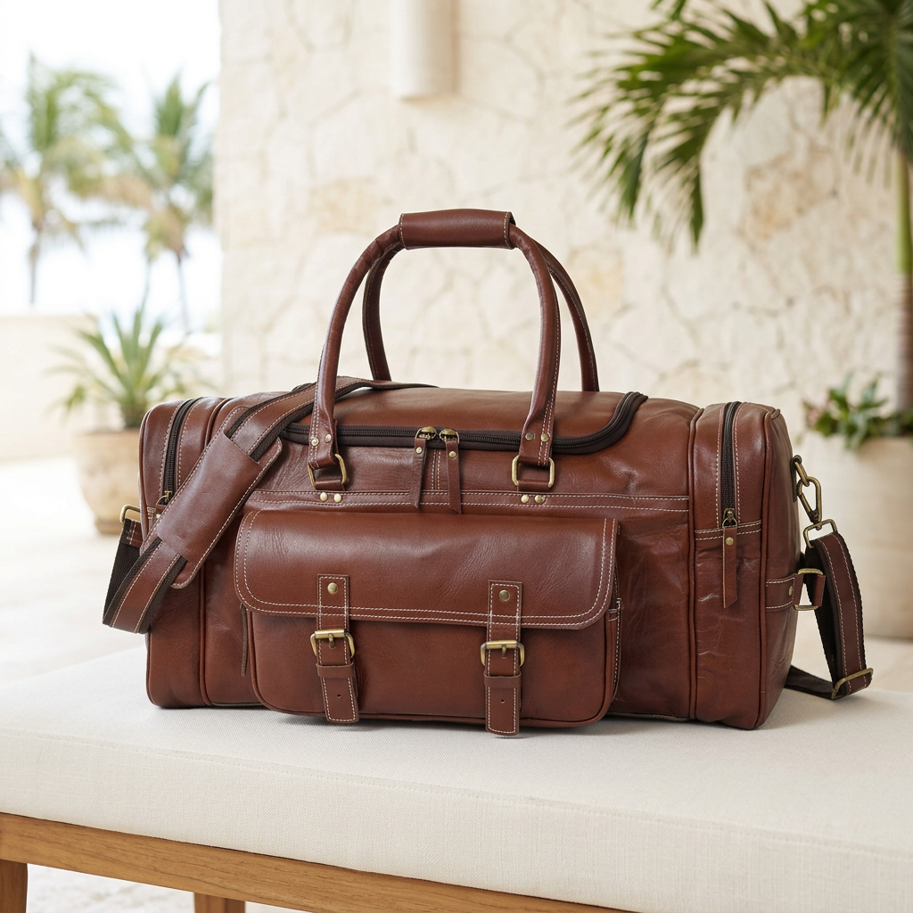Traveler brown leather duffel on an ivory bench in a bright coastal resort lobby.