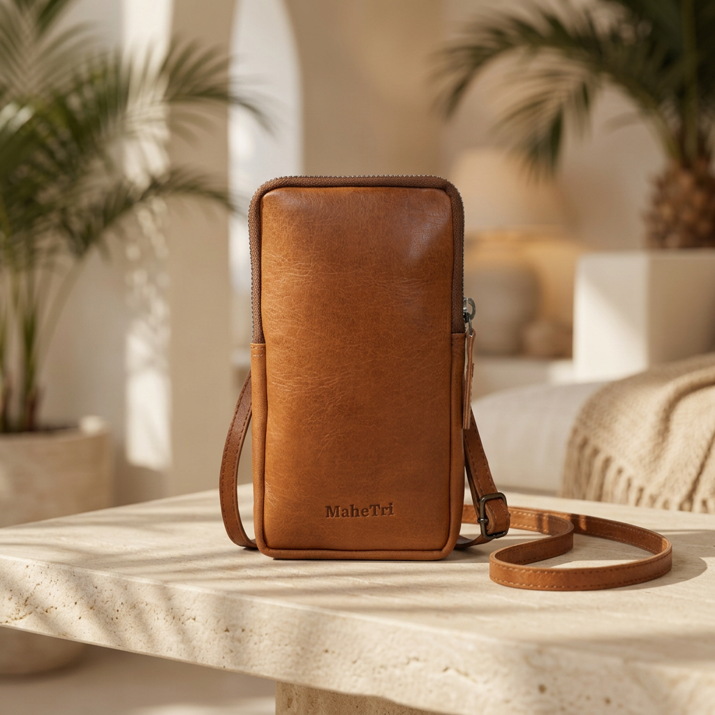 Brown leather phone sling in a coastal resort lobby
