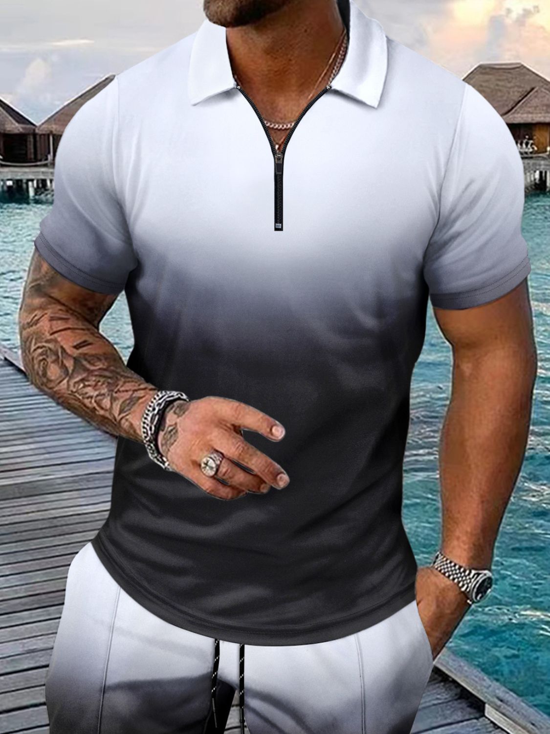 This set is perfect for stylish men who want a full-sized and comfortable outfit. The gradient collared neck adds a touch of modern flair, while the plus size options ensure a flattering fit for all body types. Look and feel confident in this top and shorts set!
