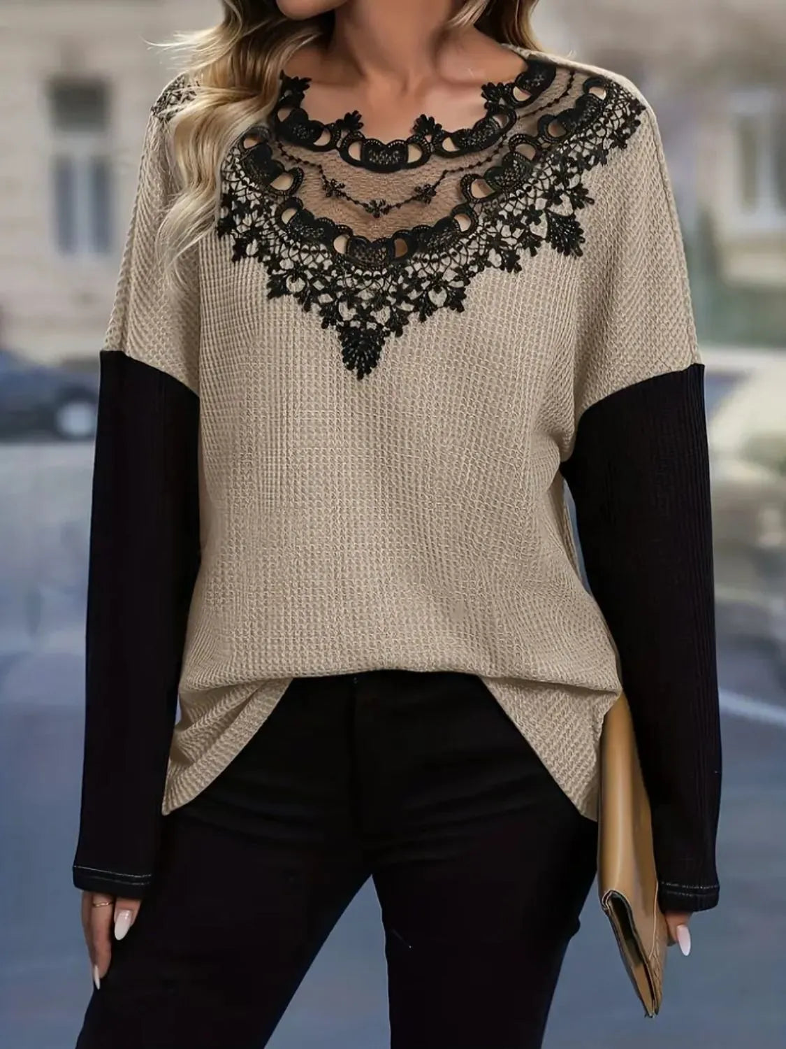 The Contrast Lace Round Neck Long Sleeve T-Shirt merges refined design with everyday functionality. Its elegant round neckline complements the intricate lace contrast, delivering subtle sophistication suitable for diverse settings. Long sleeves enhance comfort and warmth, making it ideal for layering or standalone wear. Designed for a flattering silhouette, this shirt balances style and practicality, catering to those who appreciate polished, expert-level fashion in their daily wardrobe.
