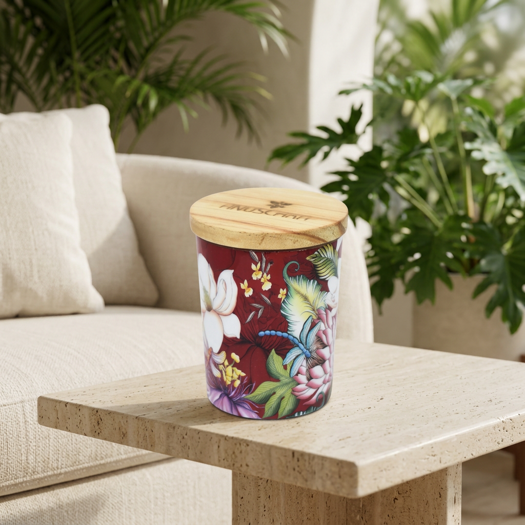 Cedar Rose candle in a sunlit resort lounge