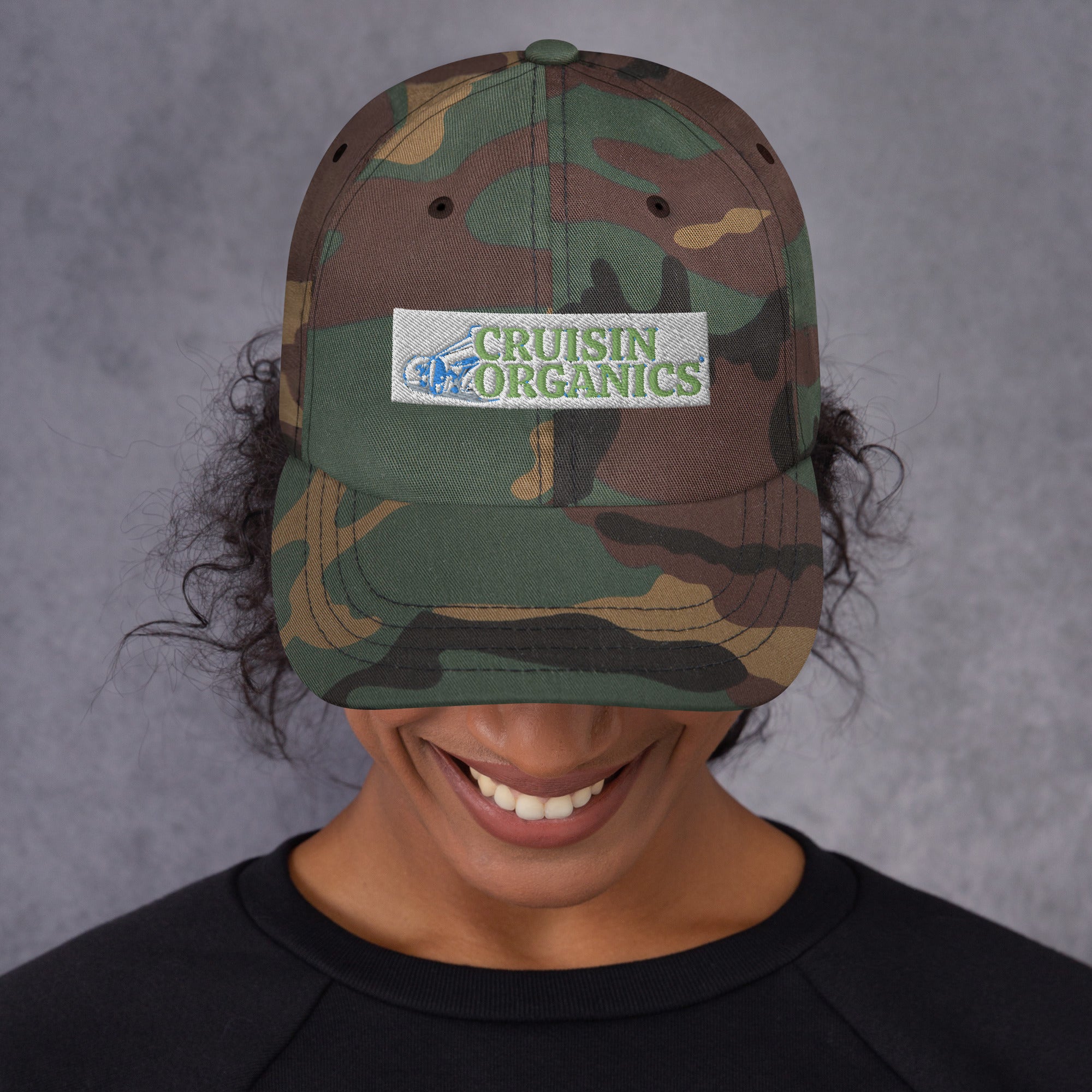 Introducing Cruisin Organics Hats - your stylish, custom-made camouflage to solid color accessory that helps reduce overproduction! With a low profile, curved visor, 6 embroidered eyelets, and an adjustable strap, this hat is made just for you when you order. Get ready to make a statement and feel good about your purchase!