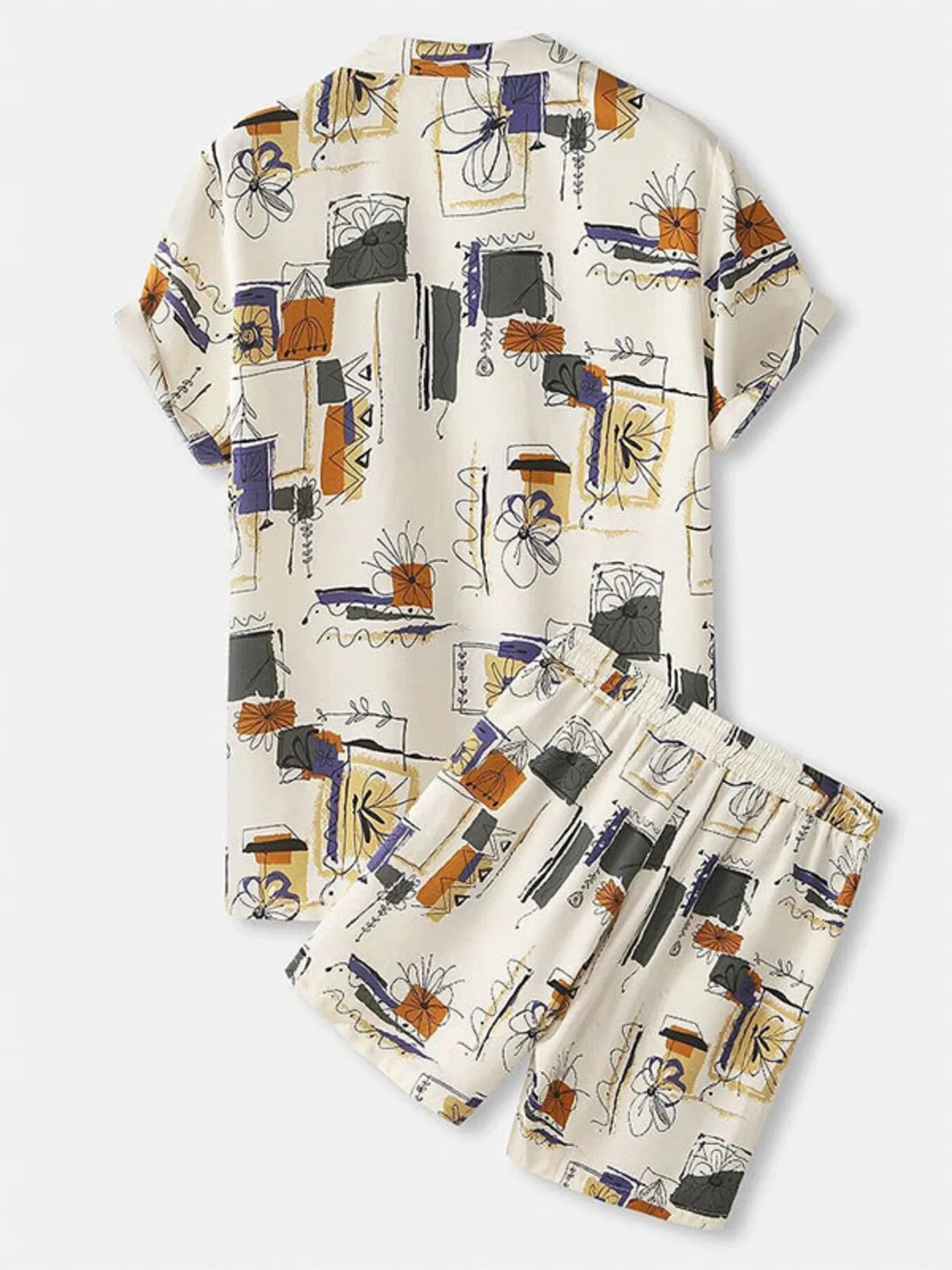 Back view of Men's plus size two-piece outfit featuring a khaki printed short-sleeve button-up shirt and matching shorts set.