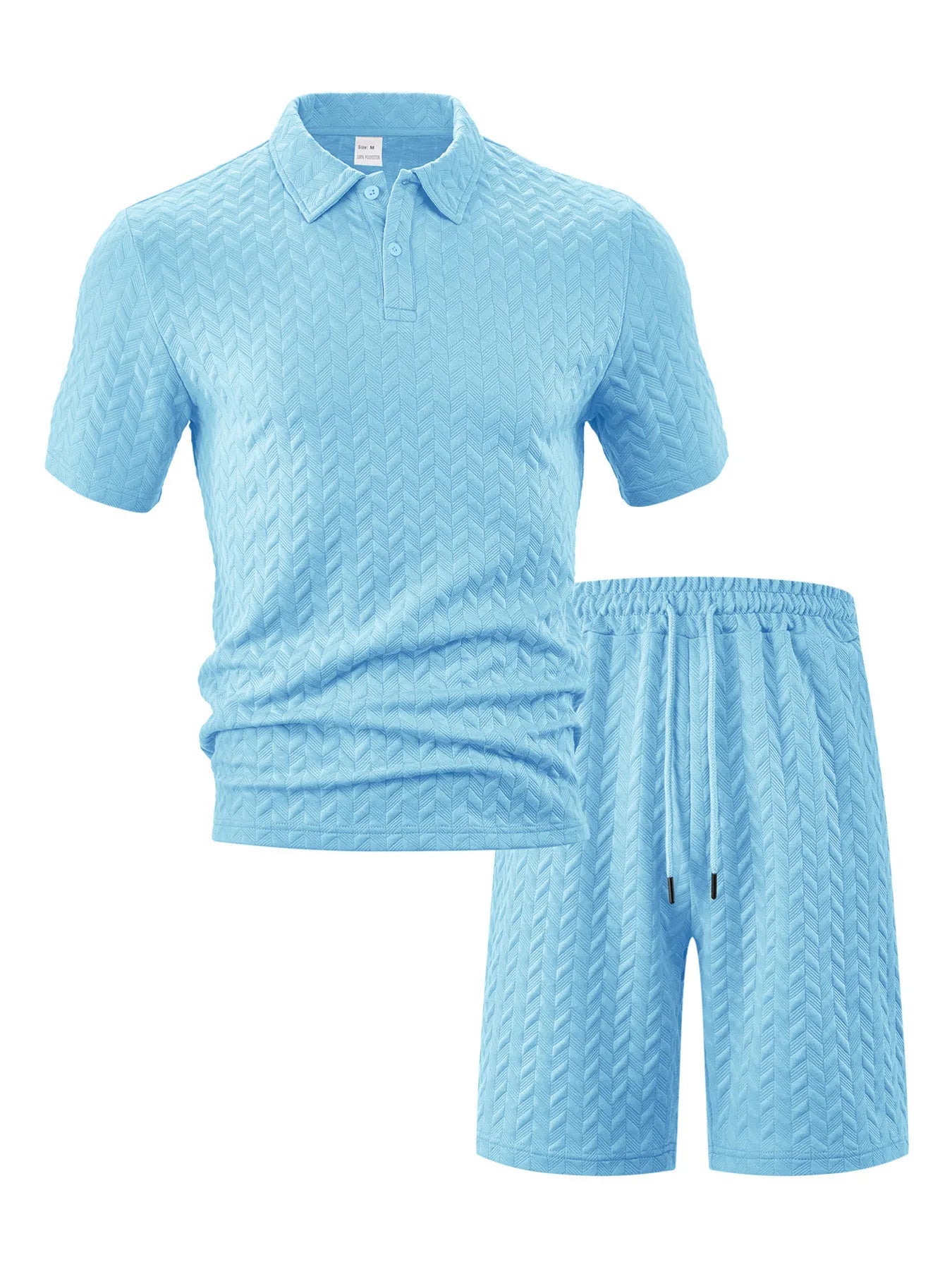 Men's luxury two-piece travel resort outfit featuring a short-sleeve textured top and matching shorts in sky blue.