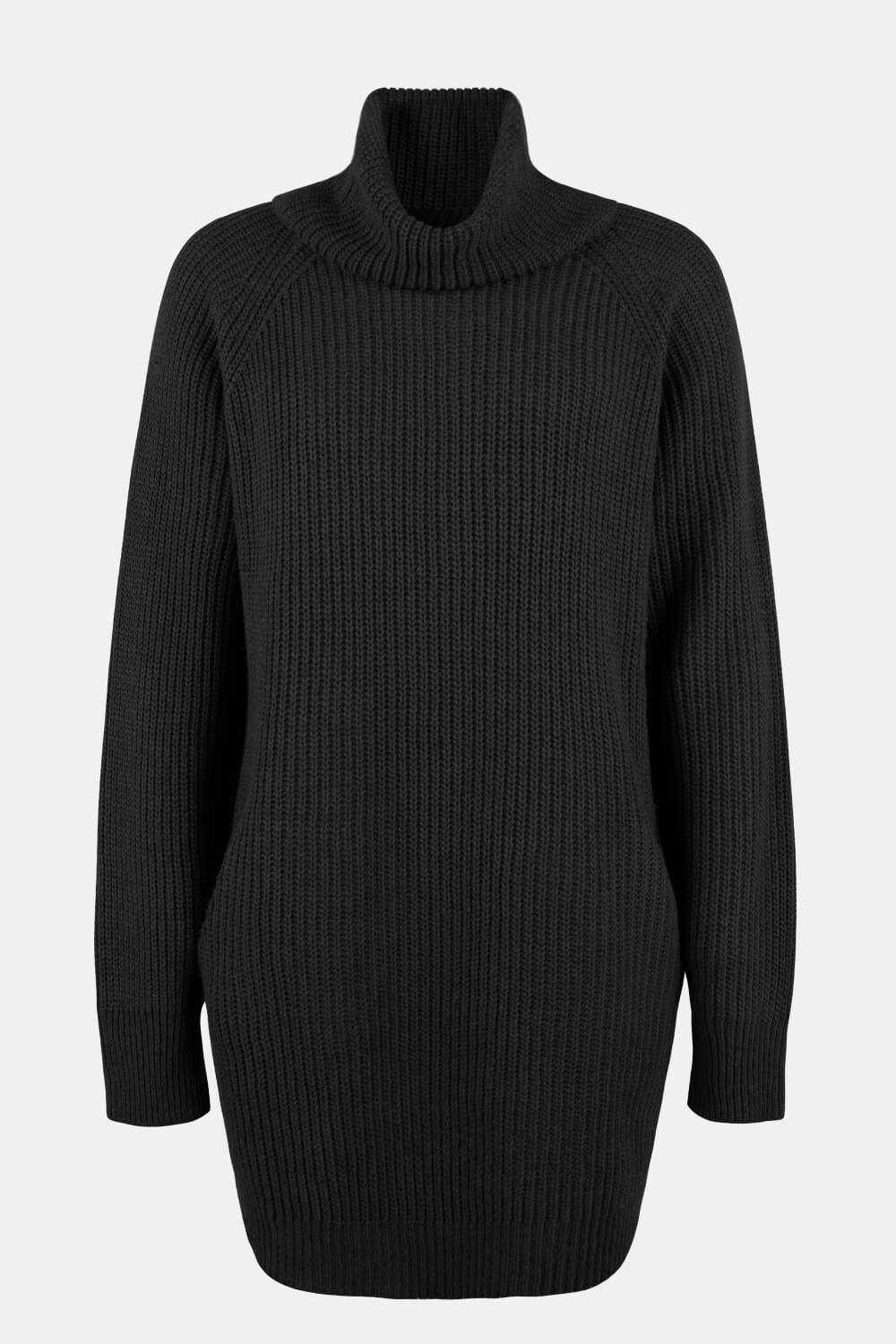 Black Pocketed sweater dress with long sleeves.