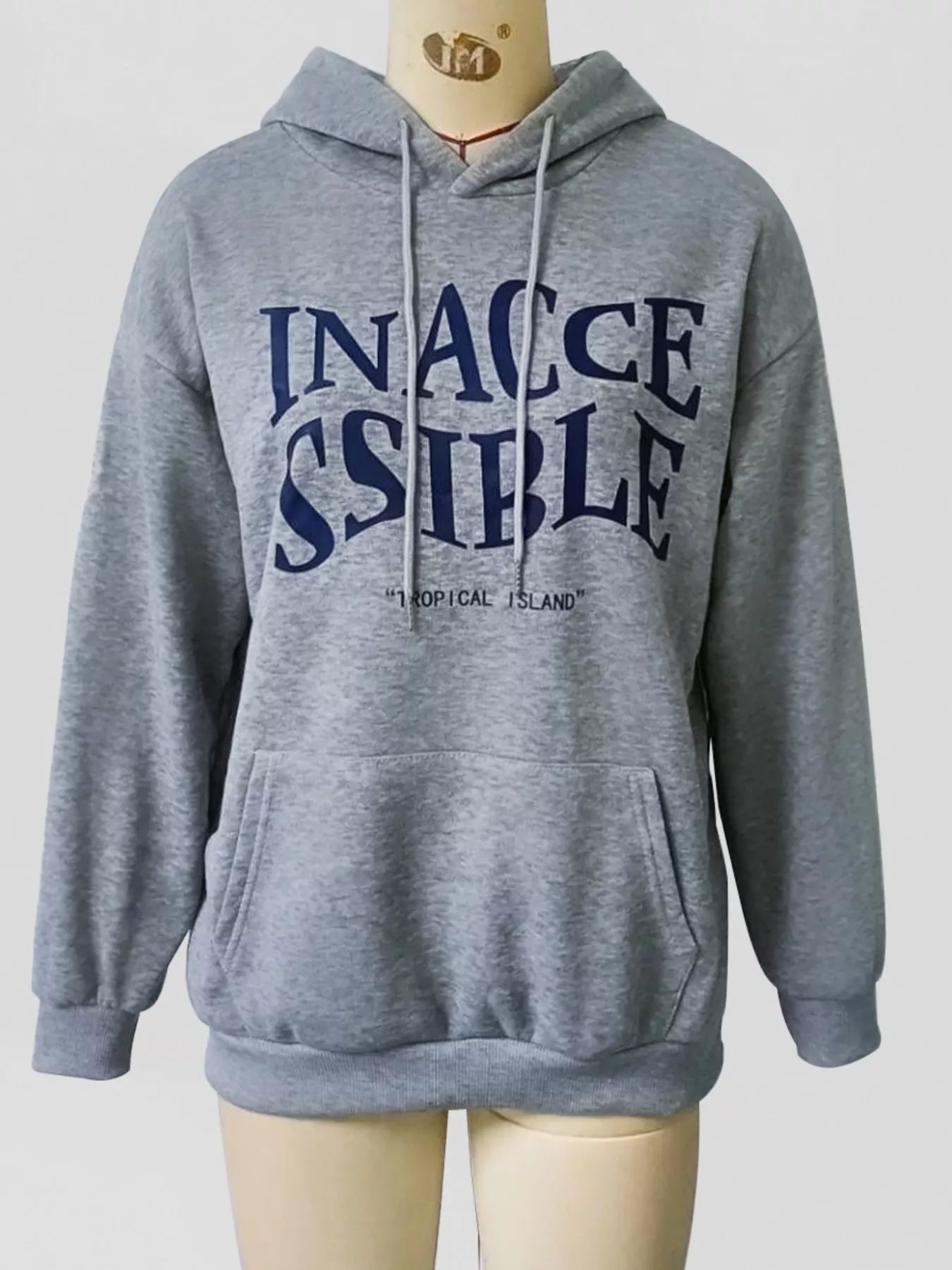 Gray hoodie with 'INACCESSIBLE' text on a mannequin against a white background