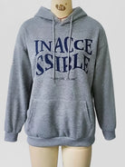 Gray hoodie with 'INACCESSIBLE' text on a mannequin against a white background