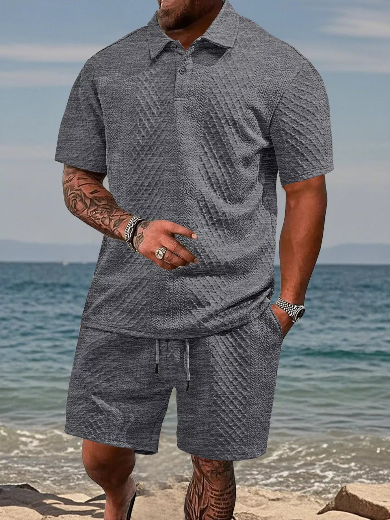 Men's relaxed fit textured knit short-sleeve polo and shorts matching set in a contemporary heather gray.