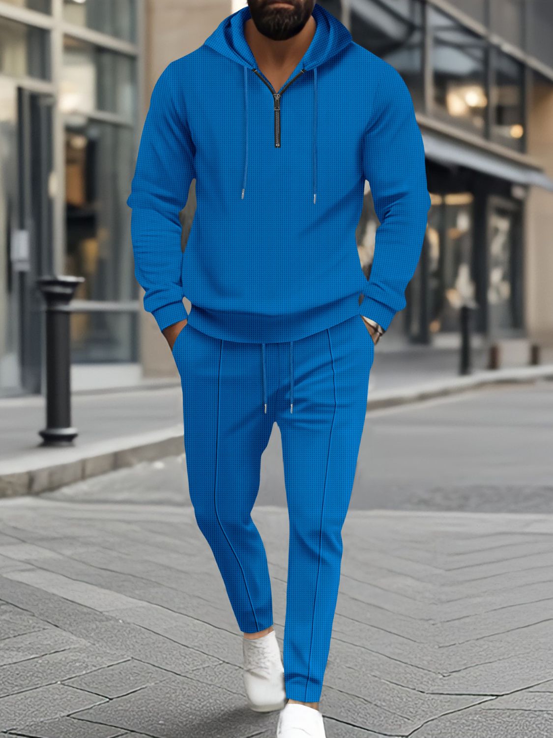 Get ready to elevate your activewear game with our Men's Full Size Waffle-Knit Half Zipper Hoodie and creased Pant Set! Available in white, blue, black, gray, and beige, this set is perfect for jogging, hitting the gym, or just hanging around. The waffle-knit material provides both comfort and style, making this set a must-have for any active man. Available in sizes S-3XL for the perfect fit.