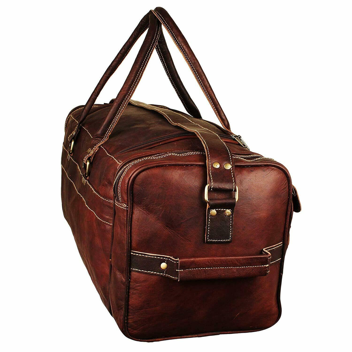 Brown leather duffel bag with gold hardware on a white background