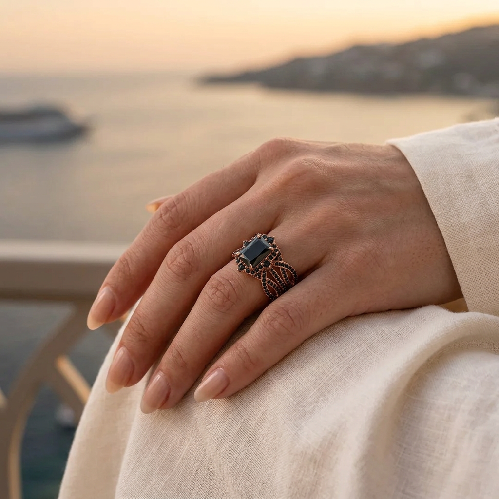 Rose-gold-tone black CZ wedding ring set worn on a hand resting on ivory linen, with a seaside sunset in the background.