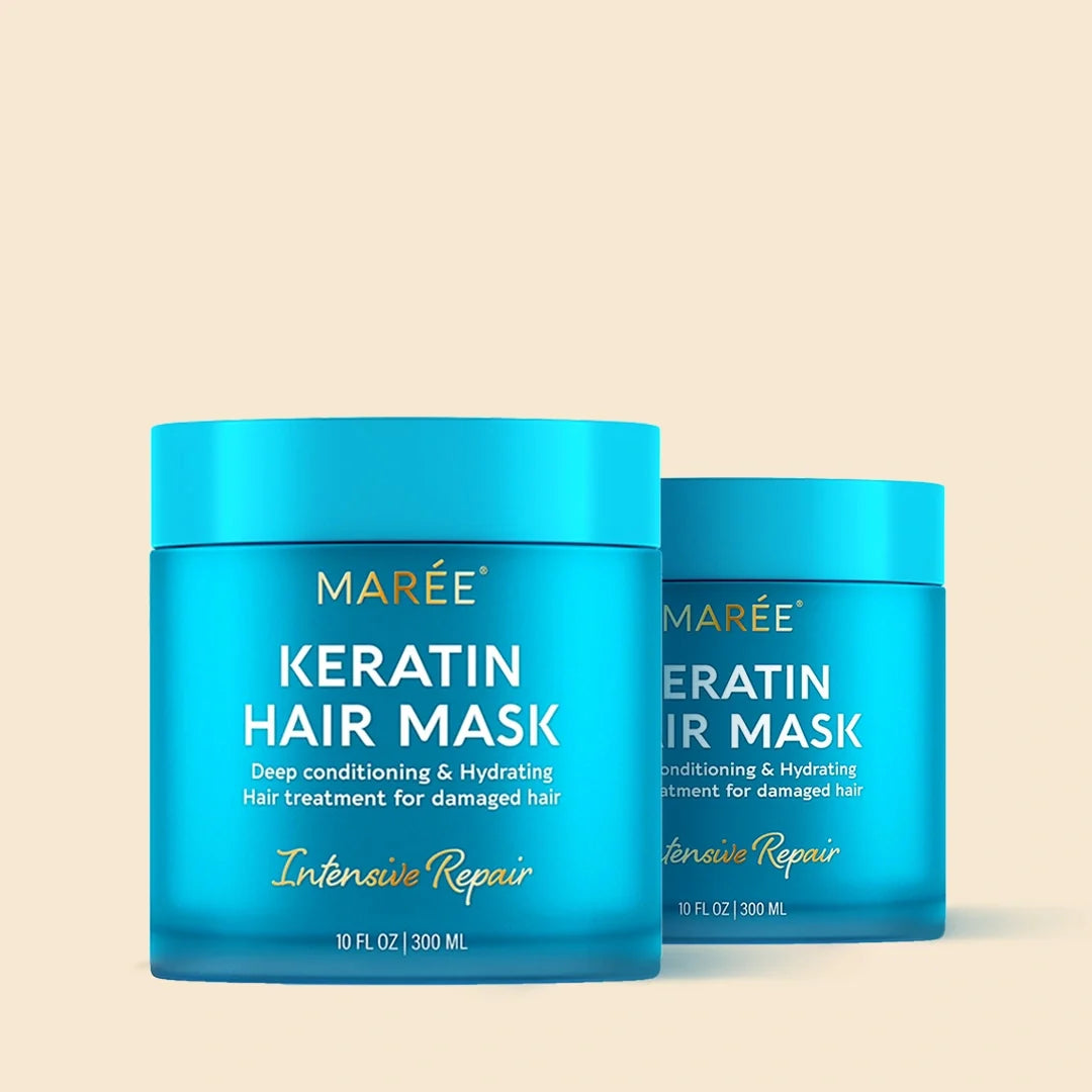 Single turquoise MAREE Keratin Hair Mask jar, 10 fl oz, on a cream background.