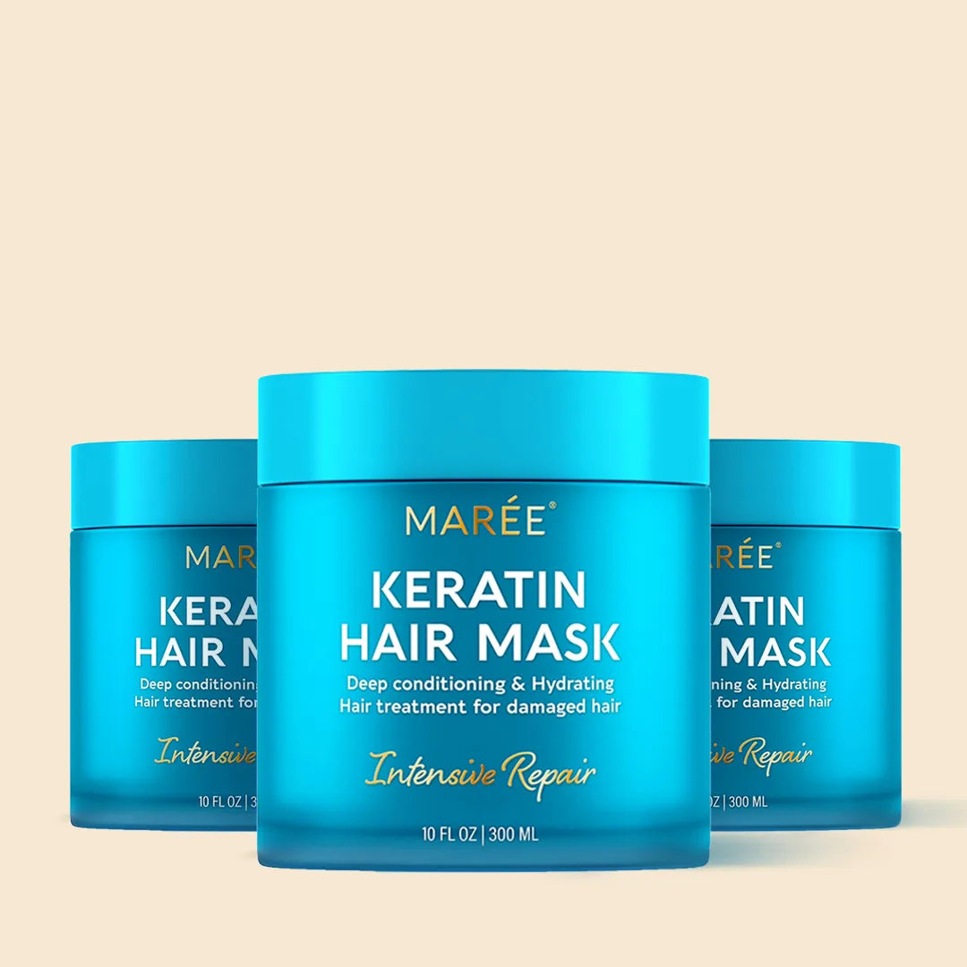 Three turquoise MAREE Keratin Hair Mask jars on a cream background.