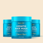 Three turquoise MAREE Keratin Hair Mask jars on a cream background.