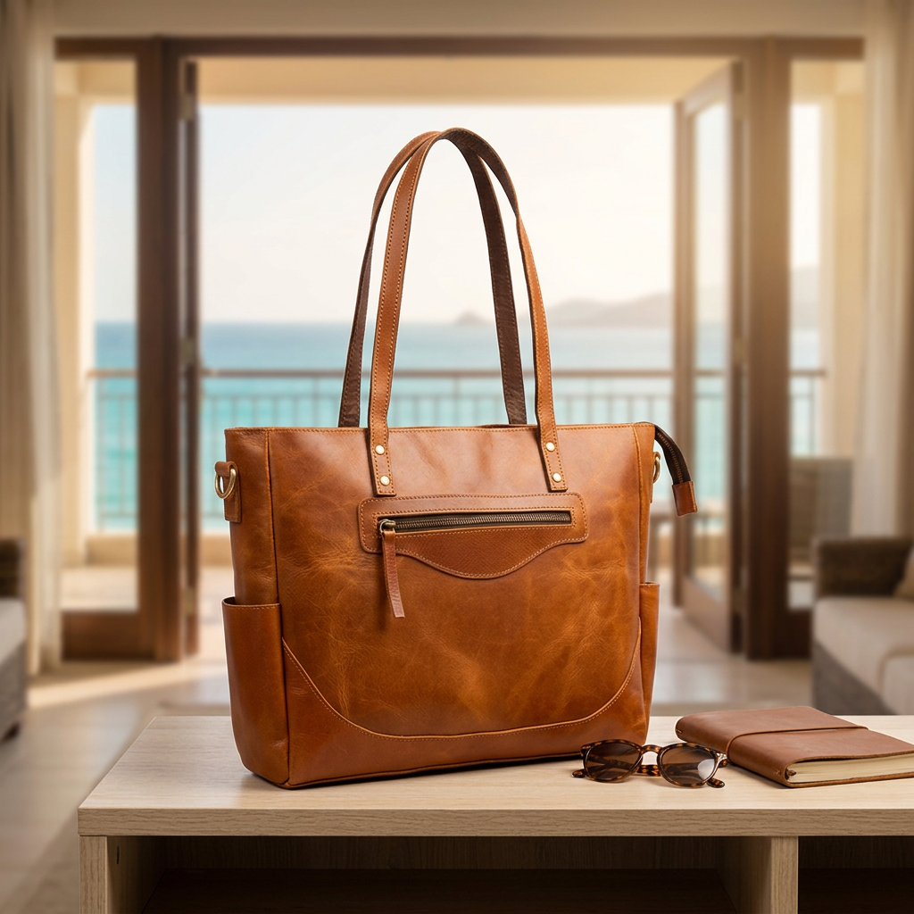 Kodiak tan leather tote in a coastal resort suite