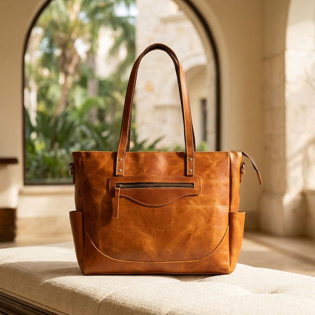 Kodiak tan leather travel tote on a wood console in a coastal resort suite.