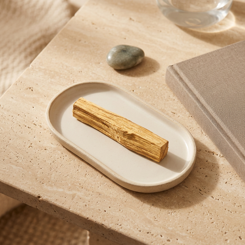 Palo santo stick in a morning ritual flat lay